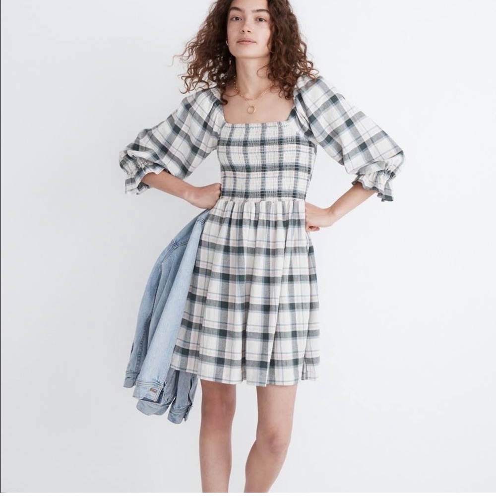 Madewell Lucie Elbow-Sleeve Smocked Mini Dress in Lebaum Plaid